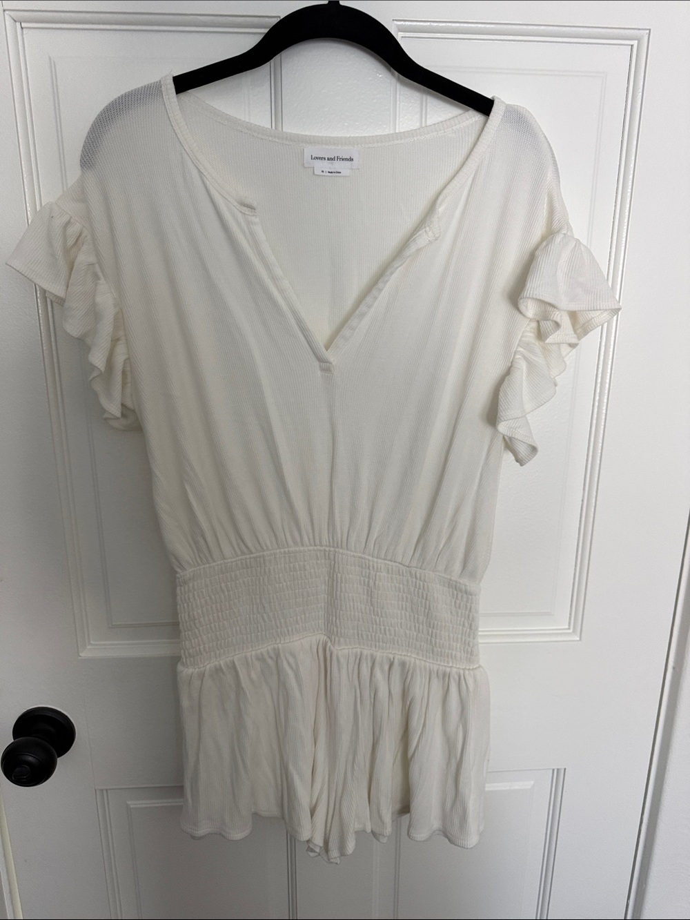 Lovers + Friends Cream Ruffle Sleeve Smocked Waist Romper